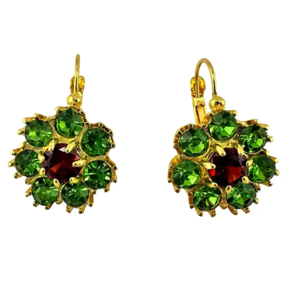 Green Glass Rhinestone Vivid Red Center Flowers Gold Tone 1
